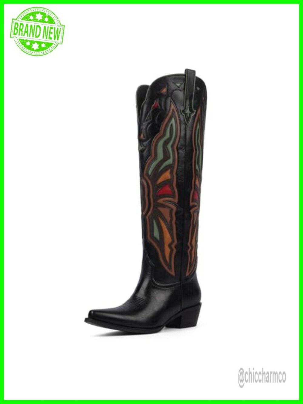 Knee High Cowboy Boots Faux Leather Chunky Heel Western Pointed Toe Pull On